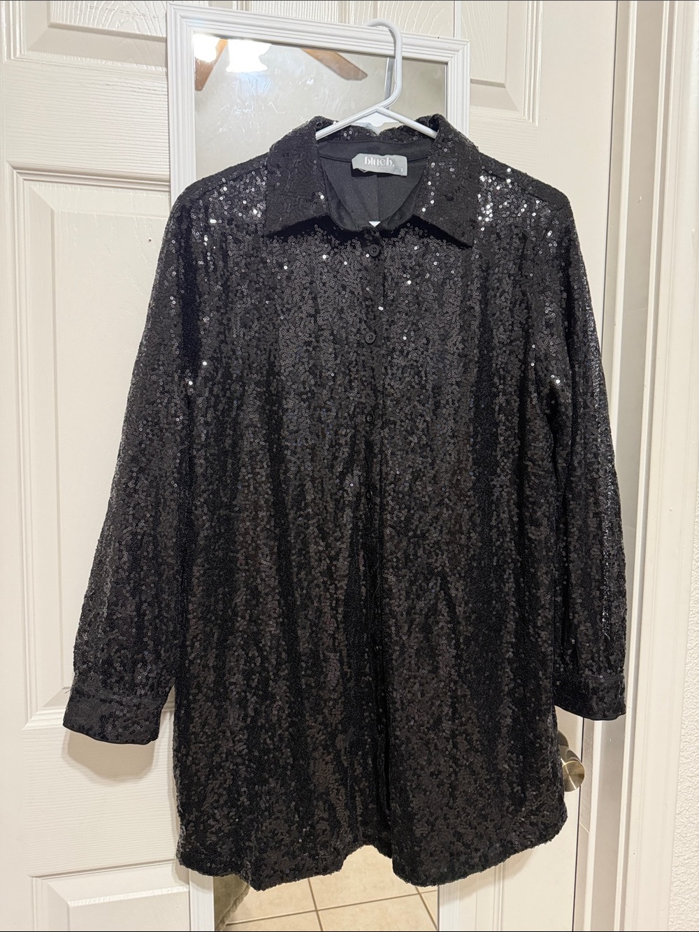 Black Sequin Long-Sleeve Shirt Dress - abchic